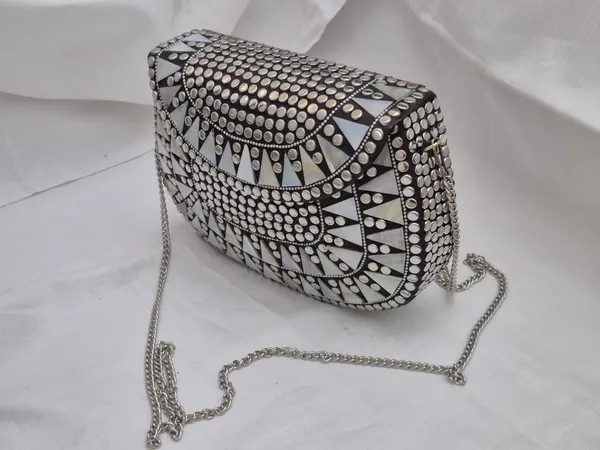 Silver_And_Black_Metal_Studded_Geometric_Clutch_Bag_For_Women