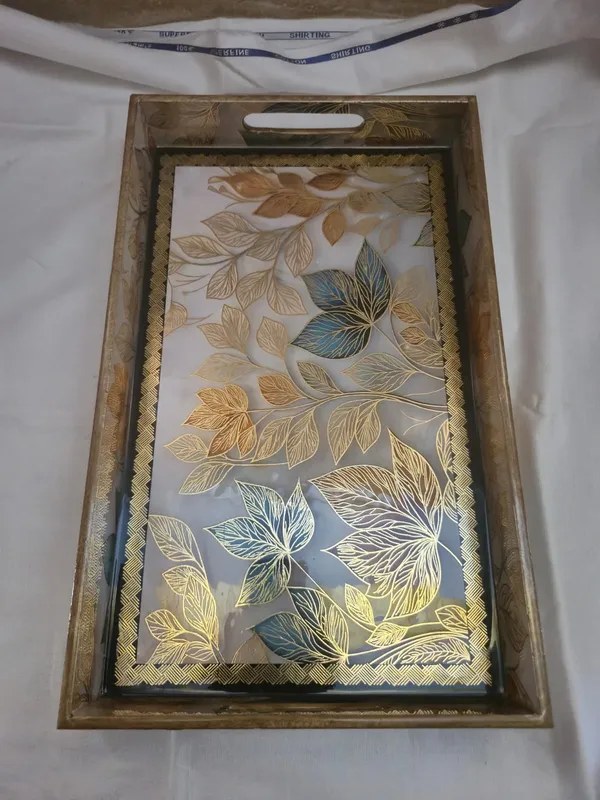 Multicolor_Wooden_Glass_Brass_Frame_Botanical_Leaf_Print_Serving_Trays_Set_Of_3
