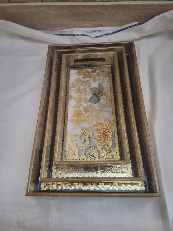Multicolor_Wooden_Glass_Brass_Frame_Botanical_Leaf_Print_Serving_Trays_Set_Of_3