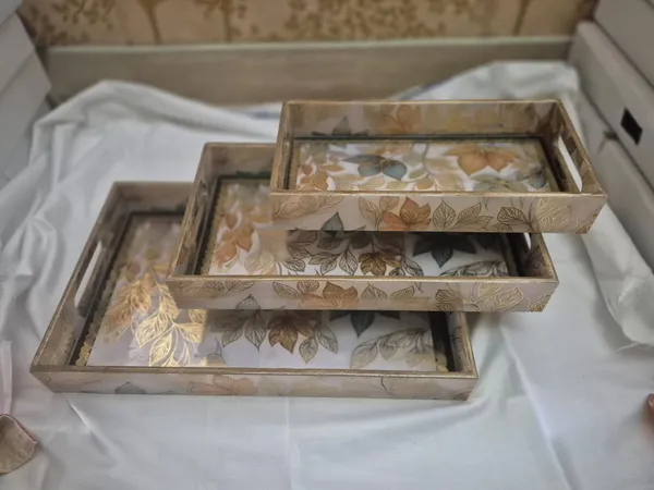 Multicolor_Wooden_Glass_Brass_Frame_Botanical_Leaf_Print_Serving_Trays_Set_Of_3