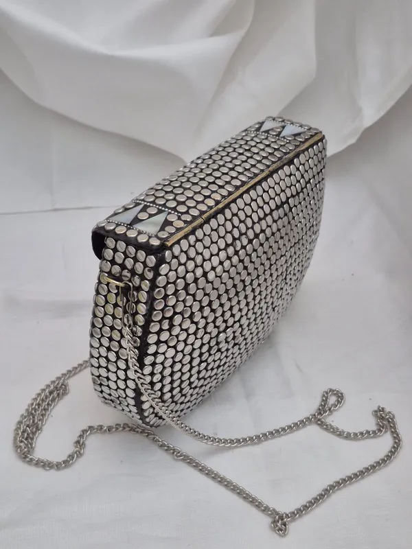 Silver_And_Black_Metal_Studded_Geometric_Clutch_Bag_For_Women