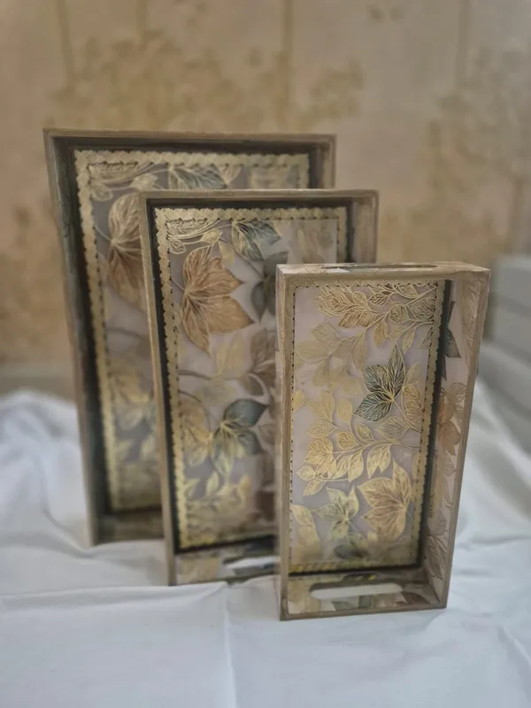 Multicolor_Wooden_Glass_Brass_Frame_Botanical_Leaf_Print_Serving_Trays_Set_Of_3