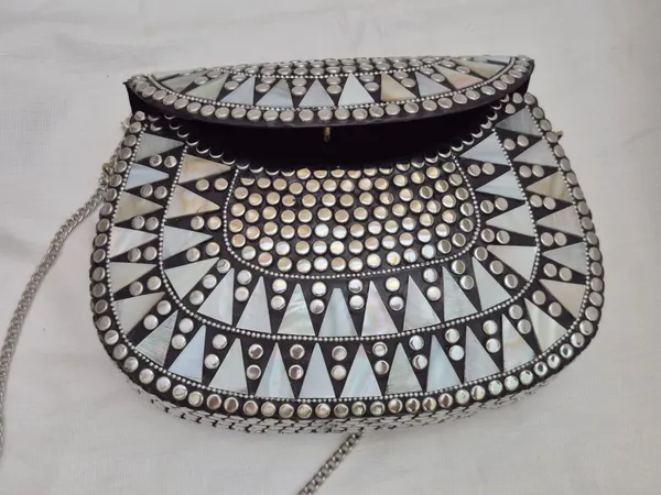 Silver_And_Black_Metal_Studded_Geometric_Clutch_Bag_For_Women