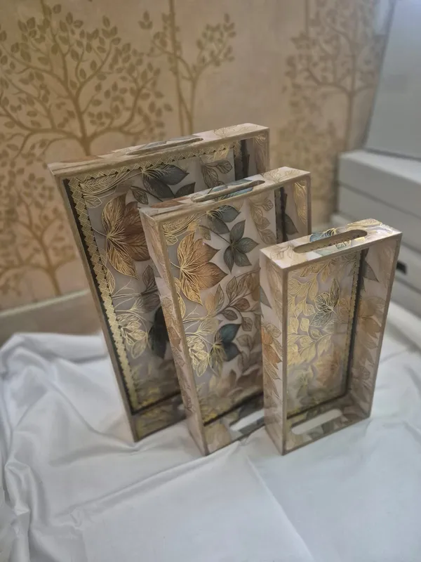 Multicolor_Wooden_Glass_Brass_Frame_Botanical_Leaf_Print_Serving_Trays_Set_Of_3