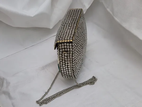 Silver_And_Green_Metal_Beaded_Turquoise_Stone_Clutch_Bag_For_Women