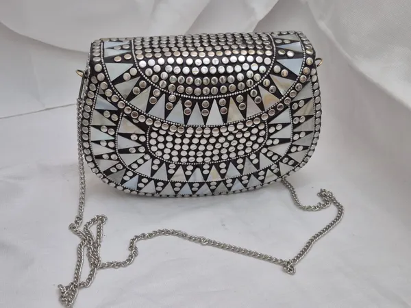 Silver_And_Black_Metal_Studded_Geometric_Clutch_Bag_For_Women