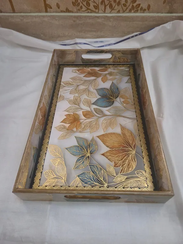 Multicolor_Wooden_Glass_Brass_Frame_Botanical_Leaf_Print_Serving_Trays_Set_Of_3