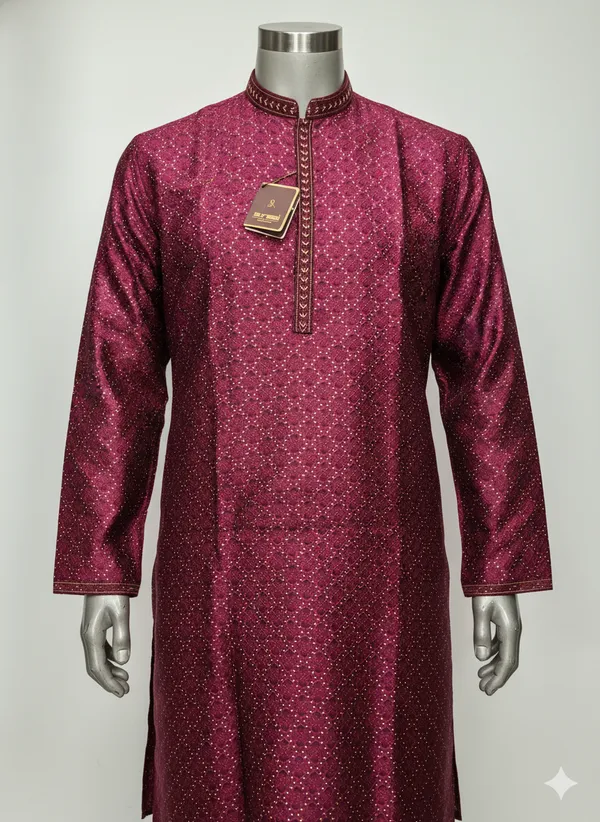 Maroon_Silk_Blend_Embellished_Kurta_For_Men