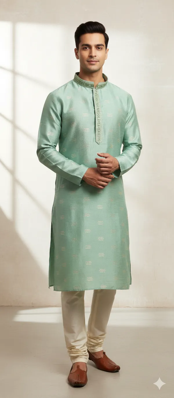 Mint_Green_Silk_Embroidered_Kurta_Set_For_Men
