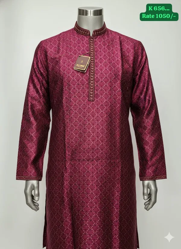 Maroon_Silk_Blend_Embroidered_Kurta_For_Men
