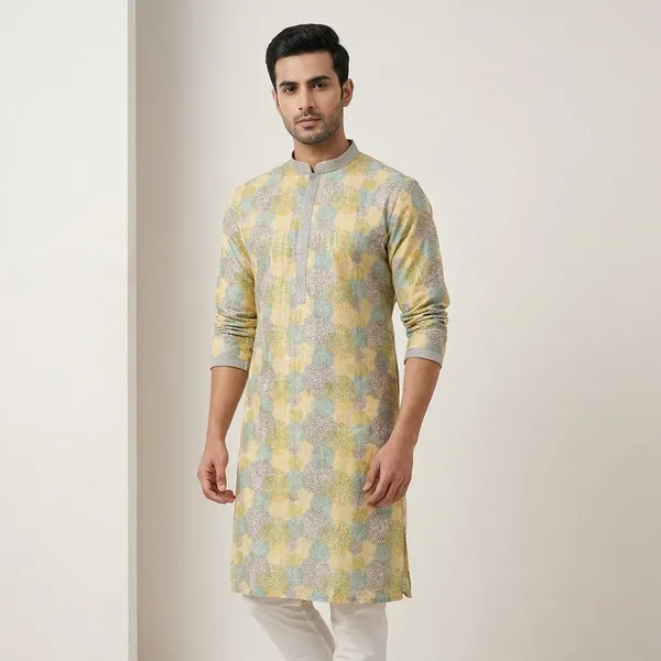 Golden_Silk_Blend_Printed_Kurta_Set_For_Men