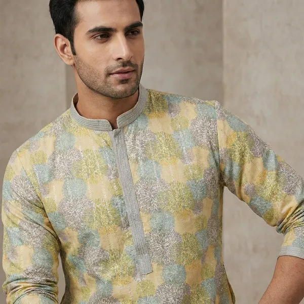 Golden_Silk_Blend_Printed_Kurta_Set_For_Men