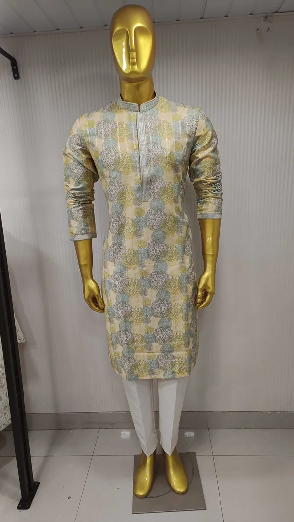 Golden_Silk_Blend_Printed_Kurta_Set_For_Men