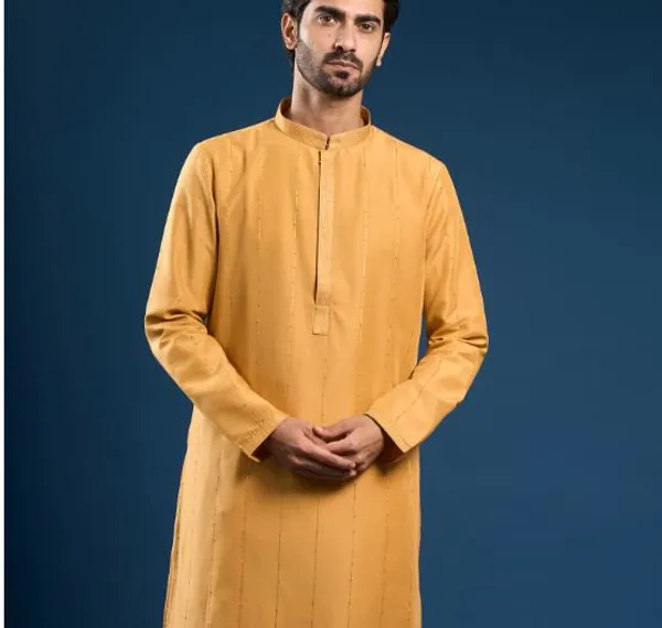 Mustard_Yellow_Cotton_Pintuck_Kurta_For_Men