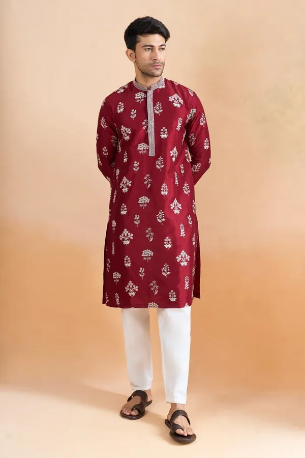 Maroon_Cotton_Floral_Print_Kurta_Set_For_Men