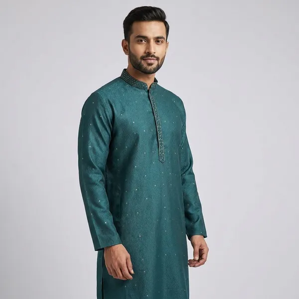 Teal_Green_Cotton_Blend_Embroidered_Kurta_For_Men