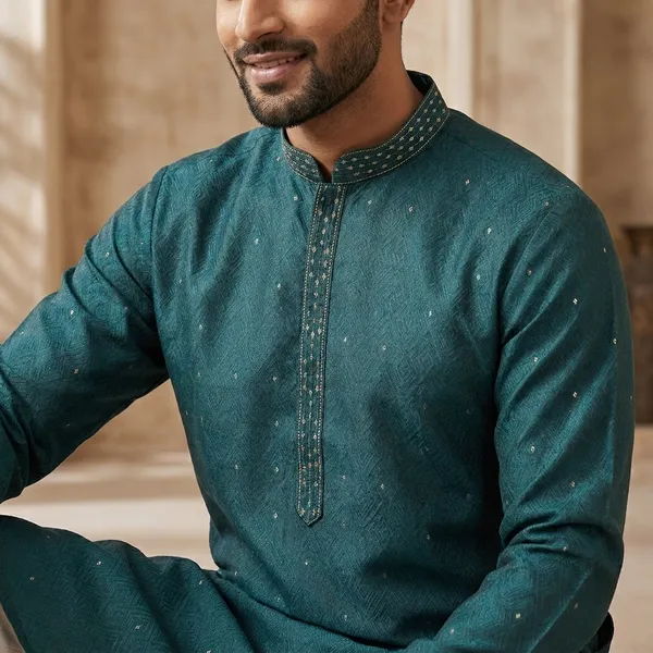 Teal_Green_Cotton_Blend_Embroidered_Kurta_For_Men