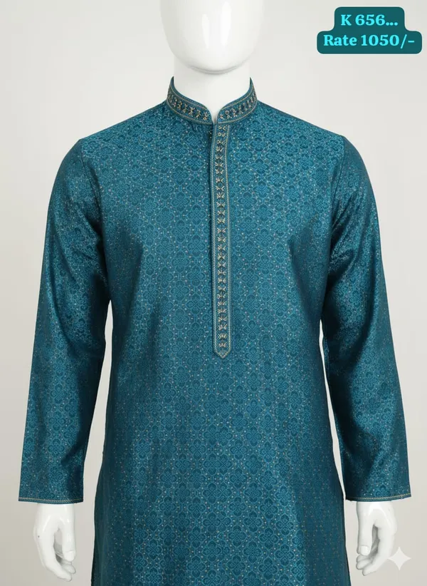 Teal_Blue_Cotton_Blend_Embroidered_Kurta_For_Men