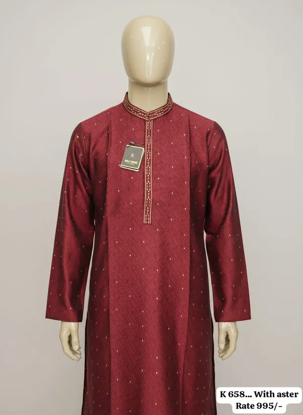Maroon_Cotton_Blend_Embroidered_Kurta_For_Men
