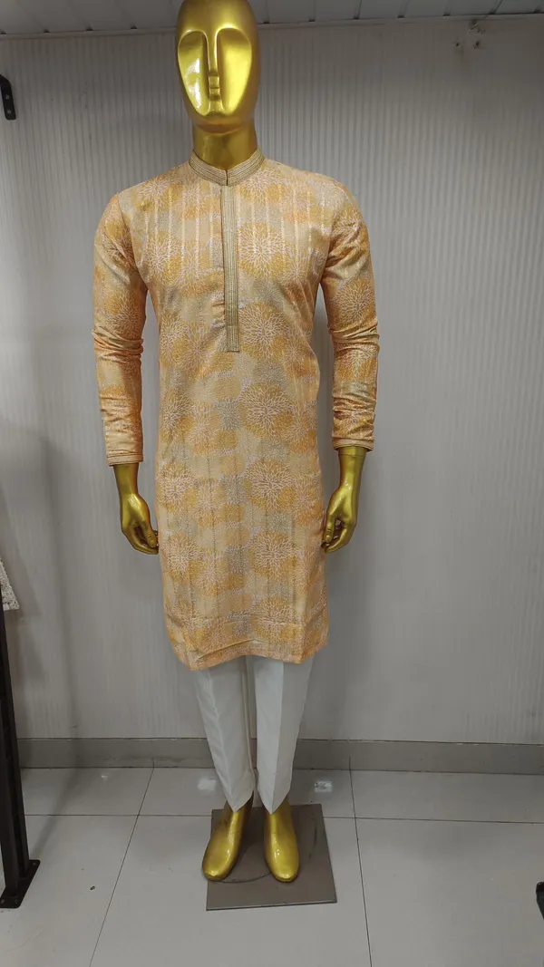 Beige_Silk_Blend_Embroidered_Kurta_For_Men