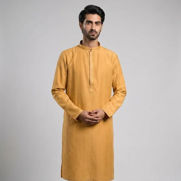Mustard_Yellow_Cotton_Pintuck_Kurta_For_Men