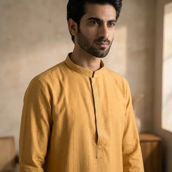 Mustard_Yellow_Cotton_Pintuck_Kurta_For_Men