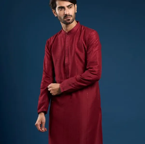 Maroon_Cotton_Blend_Embroidered_Kurta_For_Men