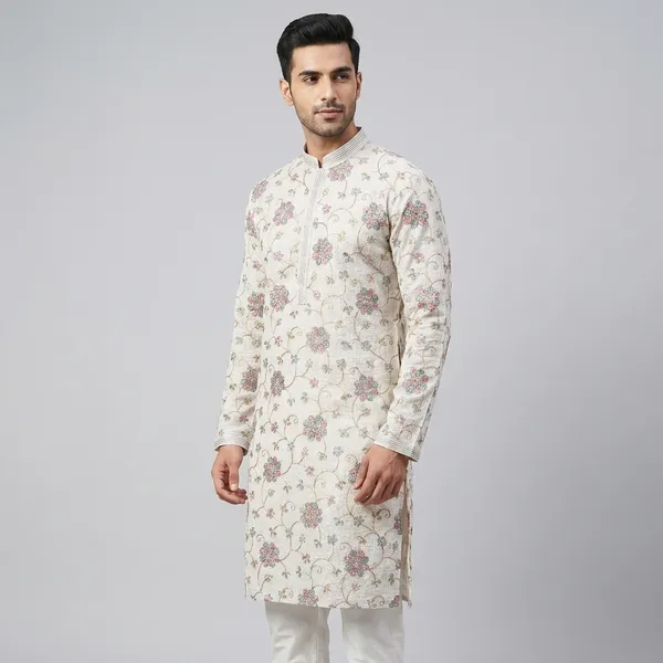 White_Cotton_Floral_Embroidery_Kurta_Set_For_Men