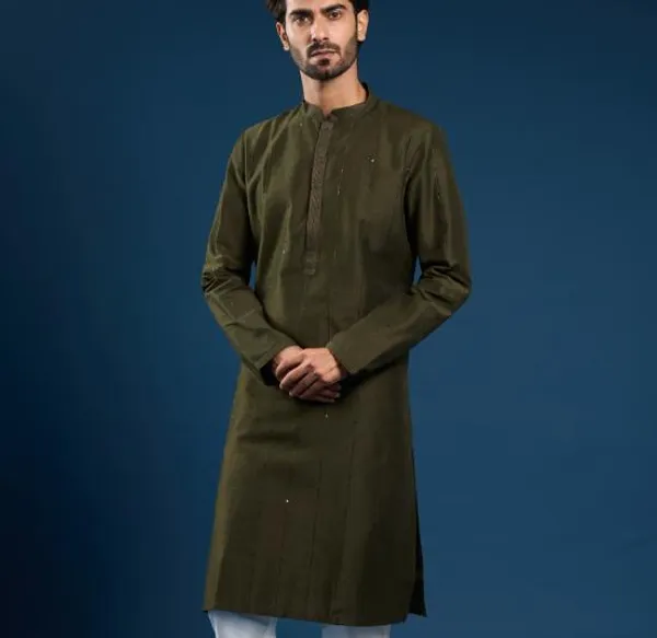 Olive_Green_Cotton_Striped_Kurta_For_Men