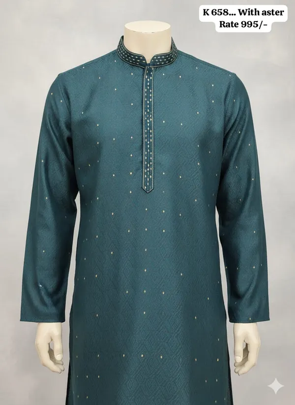 Teal_Green_Cotton_Blend_Embroidered_Kurta_For_Men