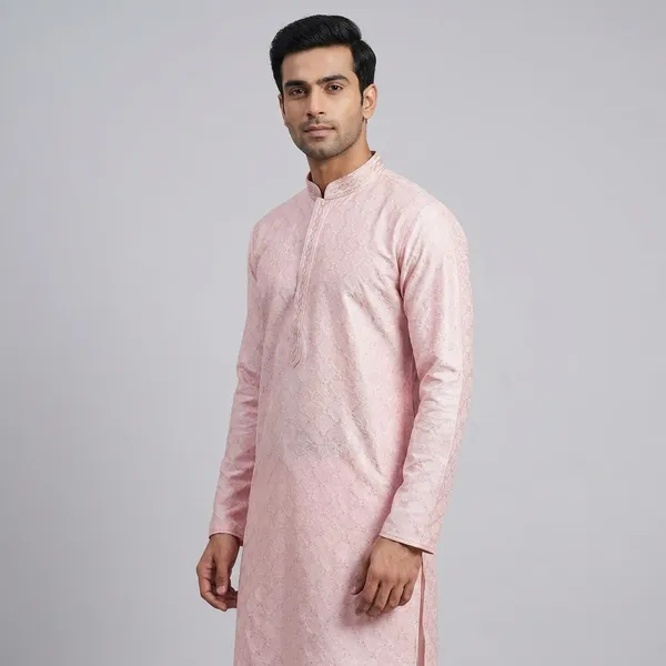 Pink_Cotton_Blend_Embroidered_Kurta_For_Men