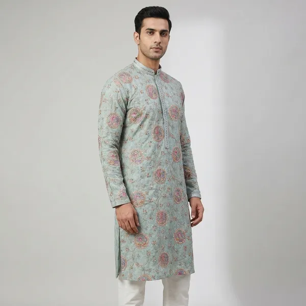 Light_Blue_Cotton_Blend_Embroidered_Kurta_Set_For_Men