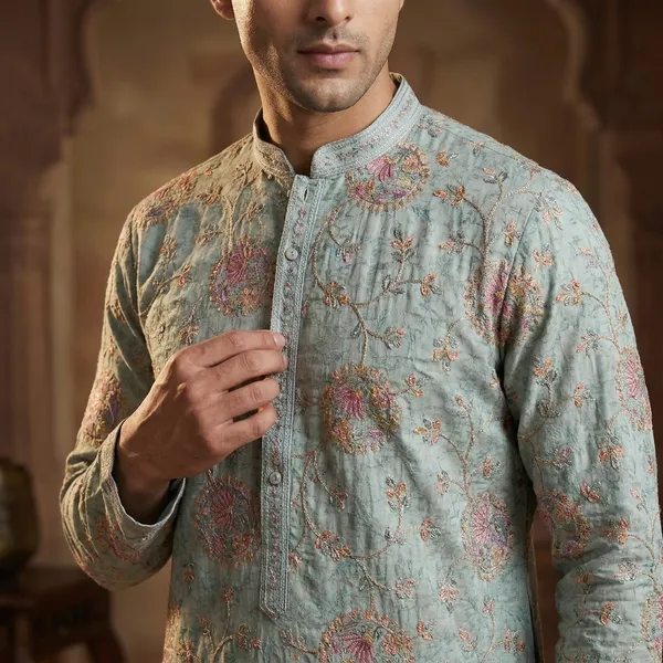 Light_Blue_Cotton_Blend_Embroidered_Kurta_Set_For_Men