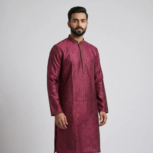 Maroon_Silk_Blend_Embellished_Kurta_For_Men