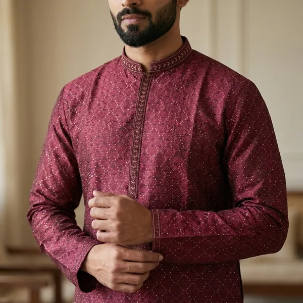 Maroon_Silk_Blend_Embellished_Kurta_For_Men