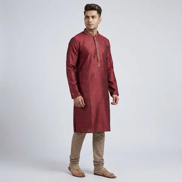 Maroon_Cotton_Blend_Embroidered_Kurta_For_Men