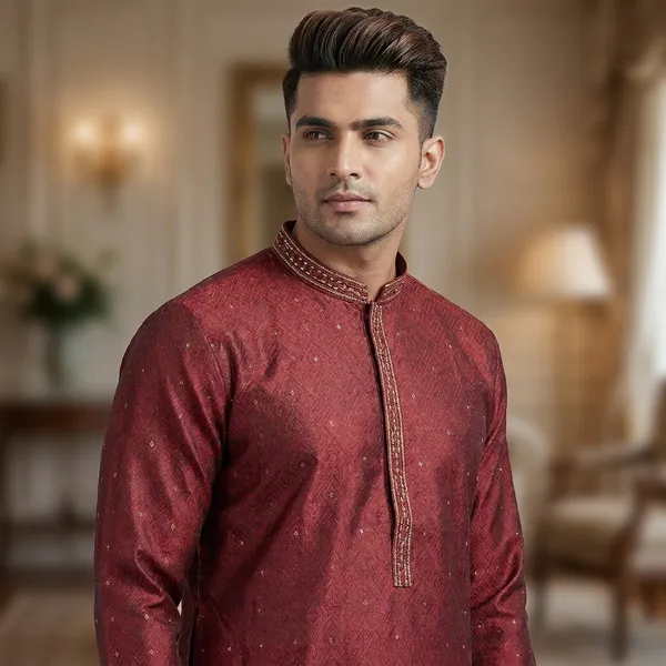 Maroon_Cotton_Blend_Embroidered_Kurta_For_Men