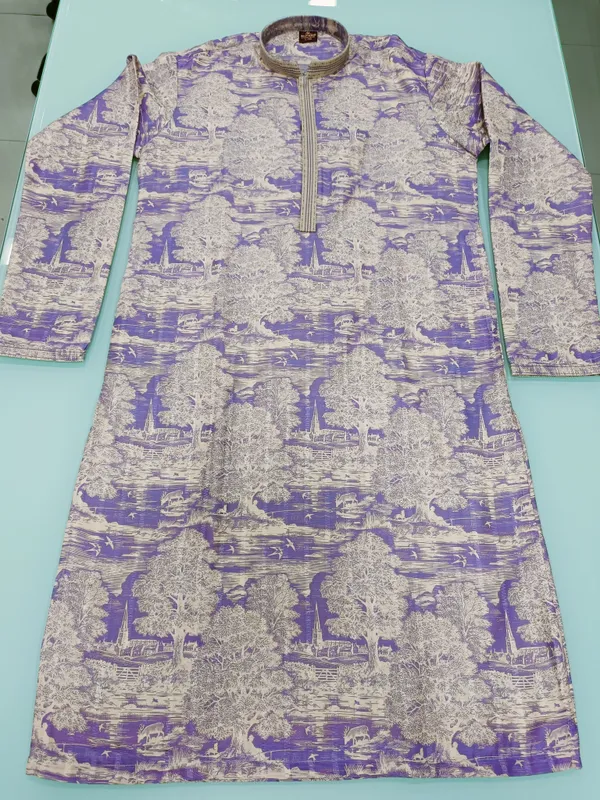 Purple_And_Cream_Cotton_Blend_Printed_Kurta_For_Men
