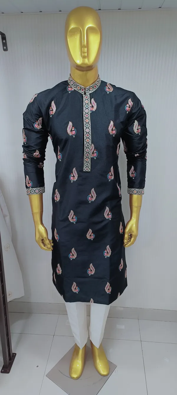 Black_Cotton_Blend_Embroidered_Kurta_Set_For_Men
