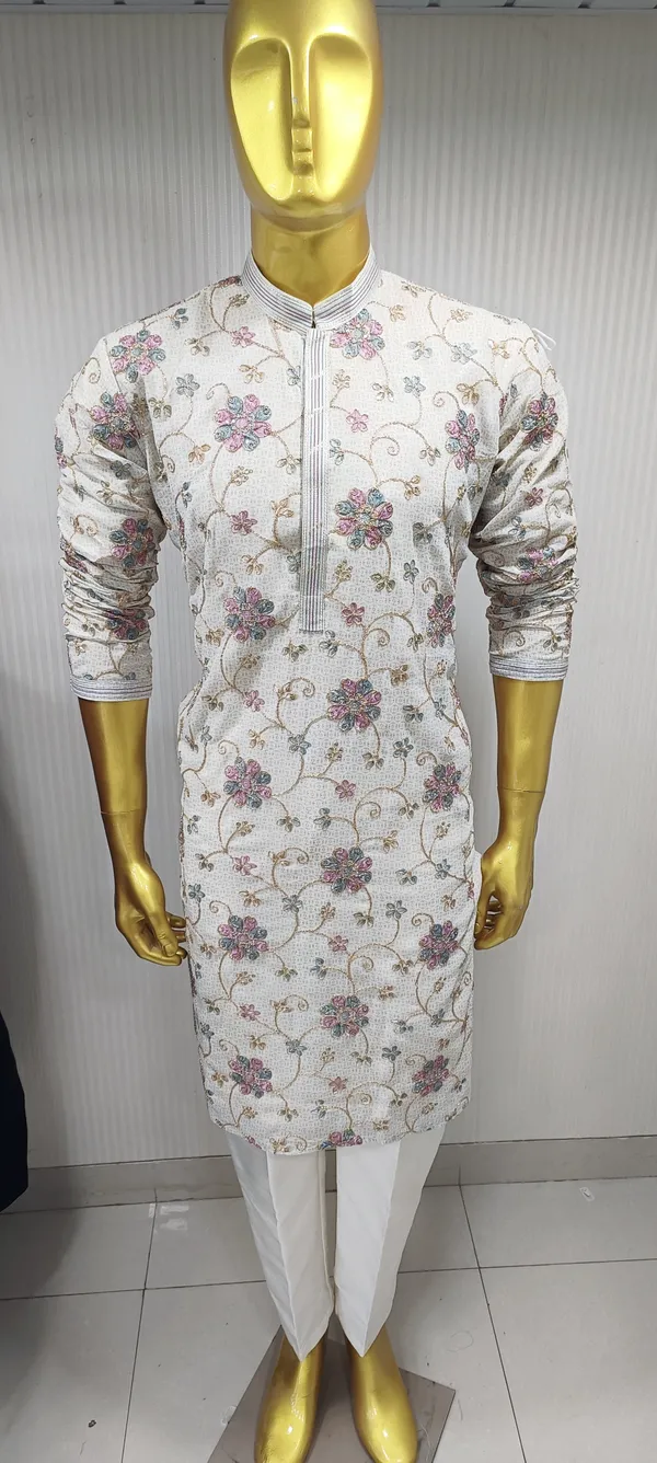 White_Cotton_Floral_Embroidery_Kurta_Set_For_Men