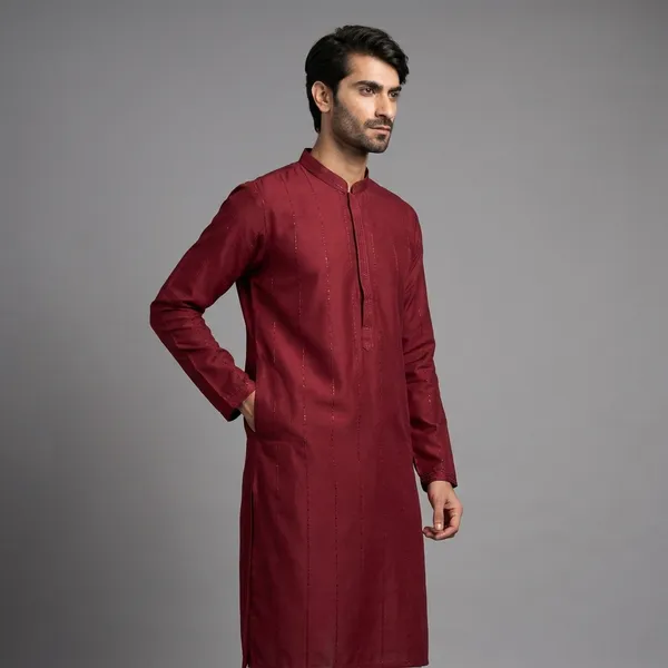 Maroon_Cotton_Blend_Embroidered_Kurta_For_Men