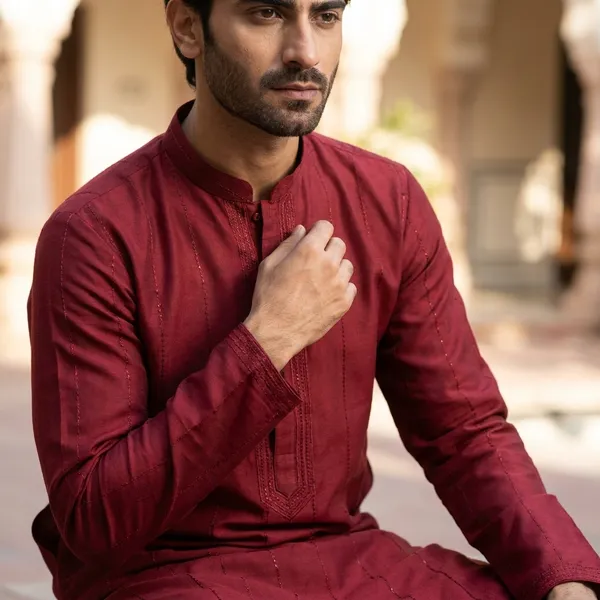 Maroon_Cotton_Blend_Embroidered_Kurta_For_Men