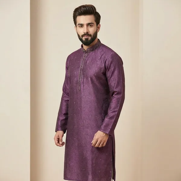 Purple_Cotton_Blend_Embroidered_Kurta_For_Men
