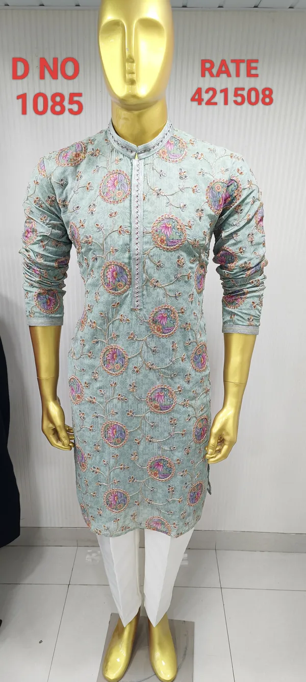 Light_Blue_Cotton_Blend_Embroidered_Kurta_Set_For_Men