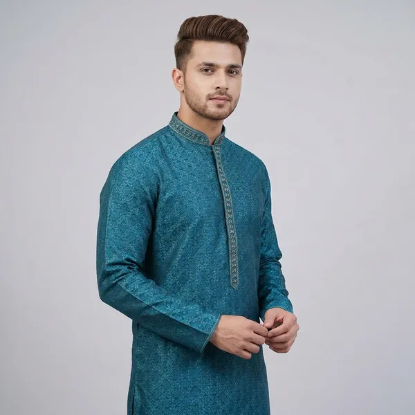 Teal_Blue_Cotton_Blend_Embroidered_Kurta_For_Men