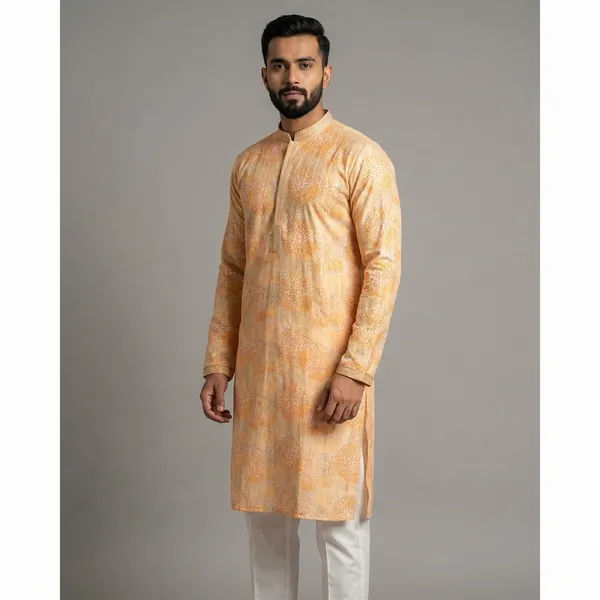 Beige_Silk_Blend_Embroidered_Kurta_For_Men
