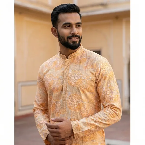 Beige_Silk_Blend_Embroidered_Kurta_For_Men