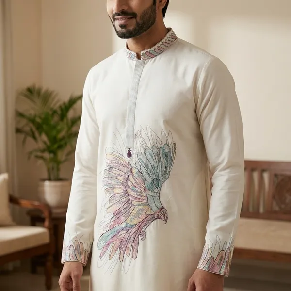 White_Cotton_Embroidered_Kurta_For_Men