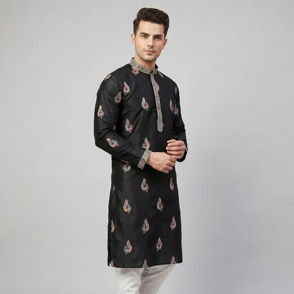 Black_Cotton_Blend_Embroidered_Kurta_Set_For_Men