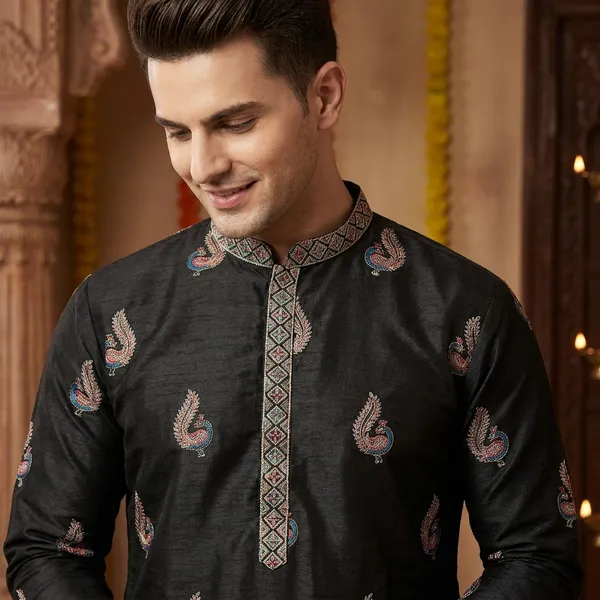 Black_Cotton_Blend_Embroidered_Kurta_Set_For_Men